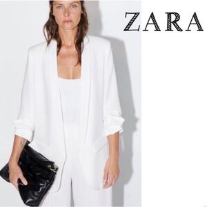 EUC Zara Ruched Sleeve Lapel Collar Blazer